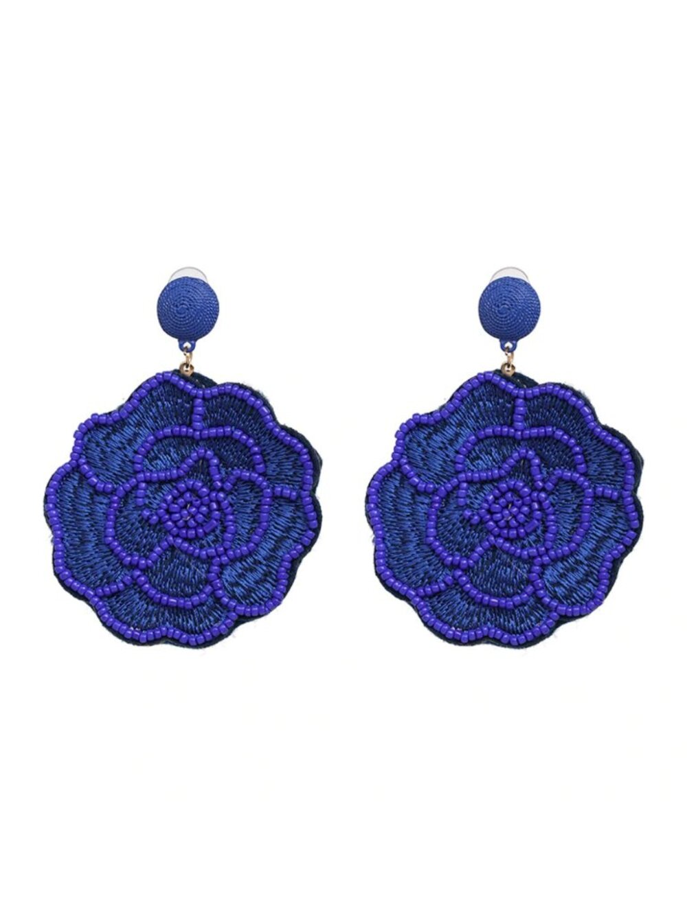 Dark Blue Beaded Flower Large Statement Dangle Drop Earrings